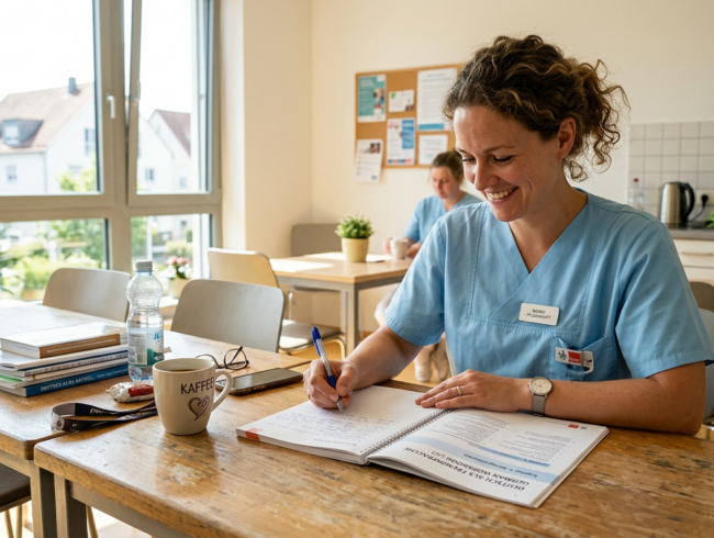 Pflegekraft lernt Deutsch am Schreibtisch - Sprachkurs für Pflegepersonal 2026