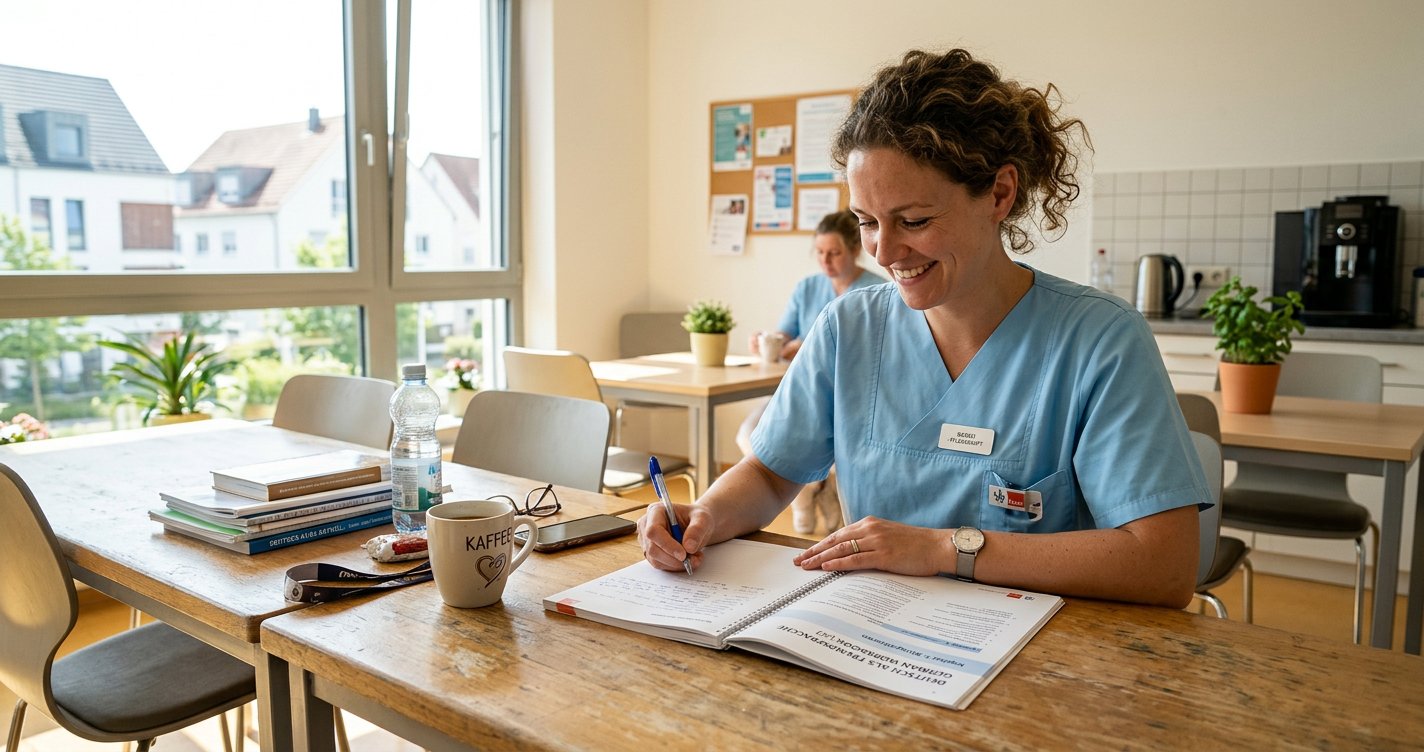 Pflegekraft lernt Deutsch am Schreibtisch - Sprachkurs für Pflegepersonal 2026