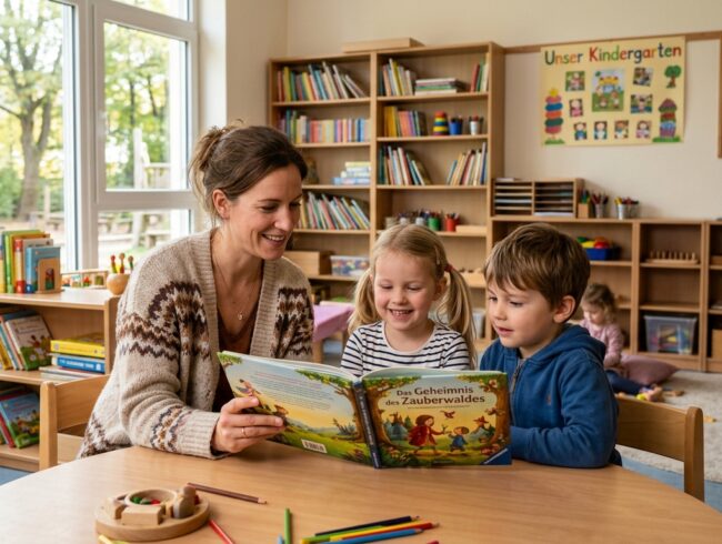 Erzieherin liest mit Kindern in einer deutschen Kita — Deutschkurs für pädagogische Fachkräfte