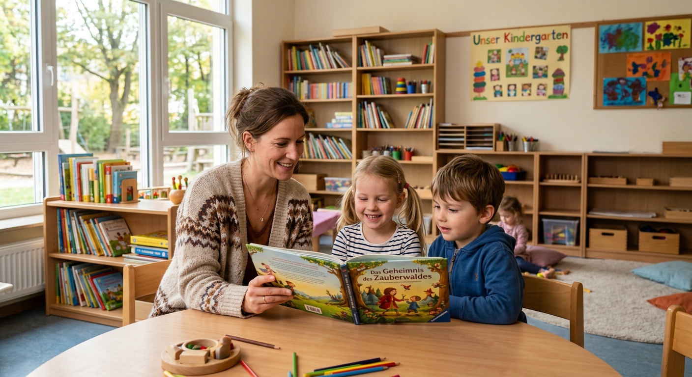 Erzieherin liest mit Kindern in einer deutschen Kita — Deutschkurs für pädagogische Fachkräfte